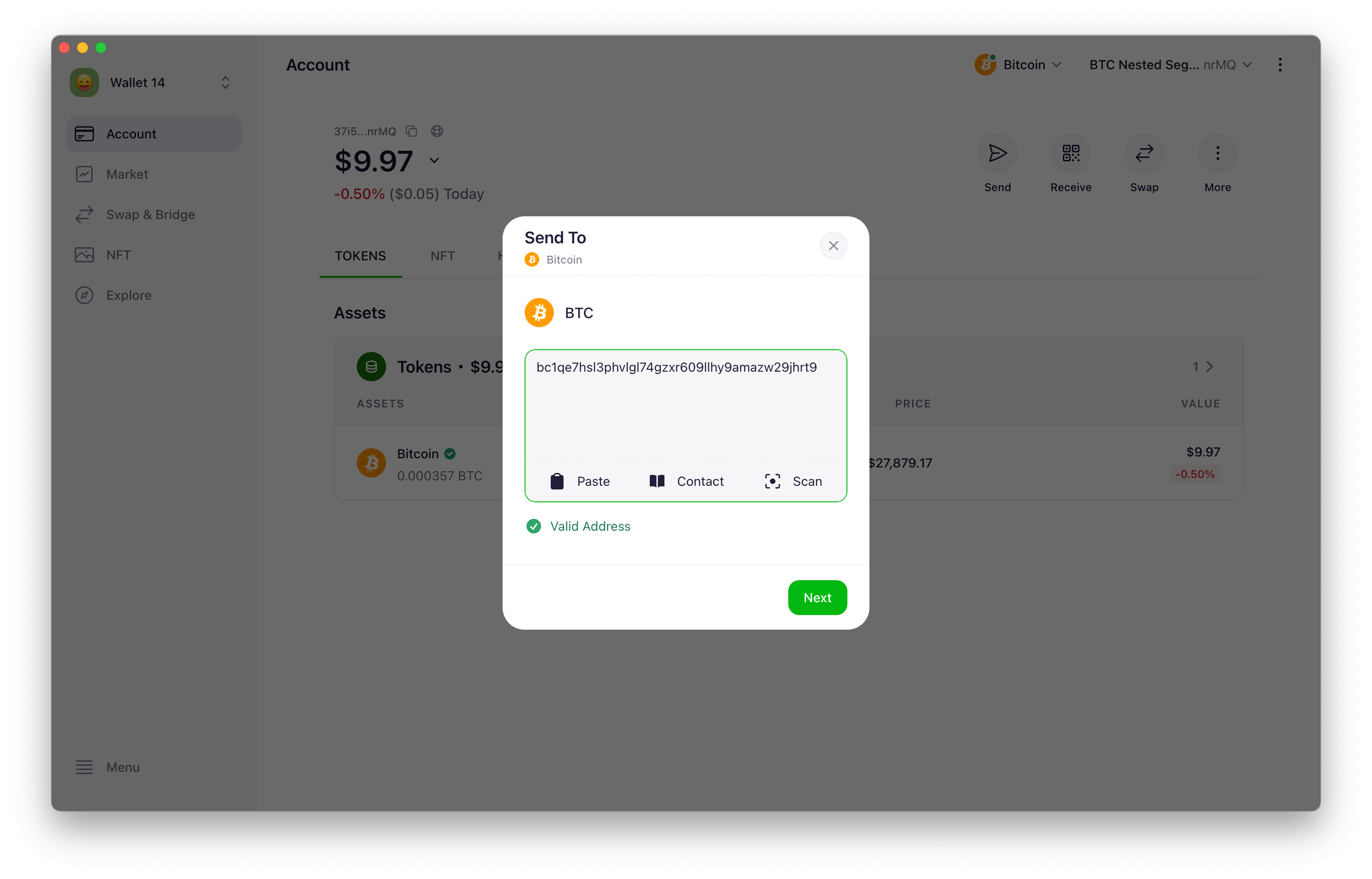 Sending Transaction - Default send (withdrawal) screen. No RBF options.
