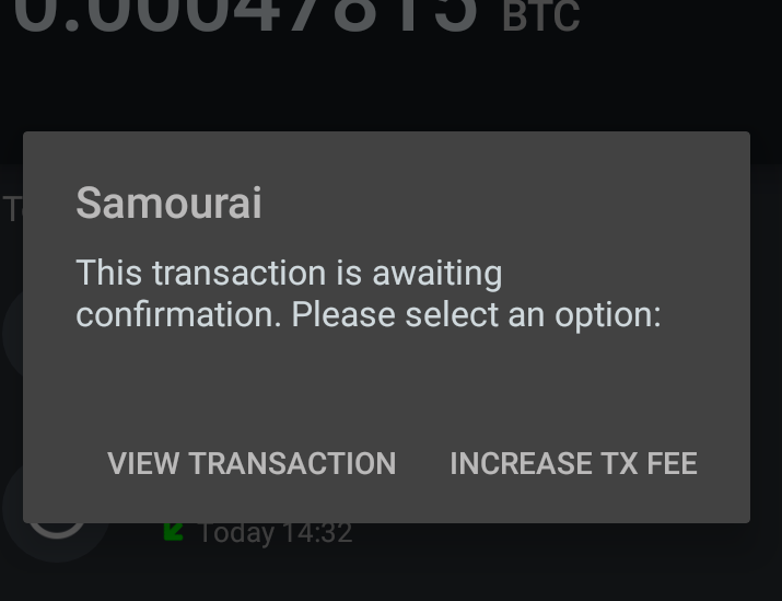 Attempting Transaction Replacement - Transaction details for RBF enabled transaction with Increase TX Fee option. Interesting note here - If there are no additional funds to pay for the bump, Samourai just fails silently here with no message and takes the user back to the transaction list screen.

