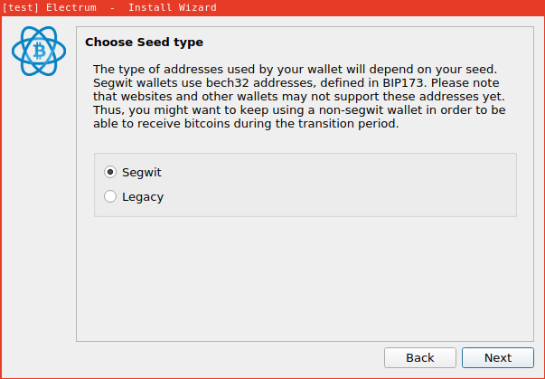 Dialog in Electrum allowing the user to choose the address type
  and warning them that some services may not support bech32
  addresses
