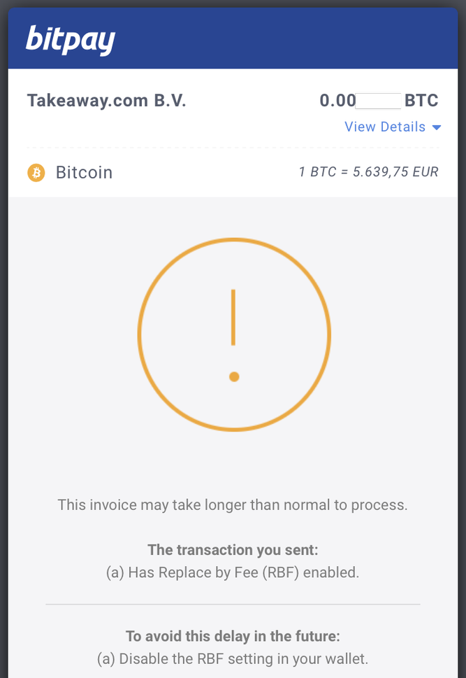 Bitpay 支付收据显示 RBF 警告的截图