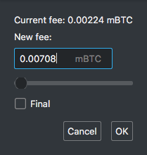 Electrum 的高级费用提升选项对话框的截图，包括滑块和文本框