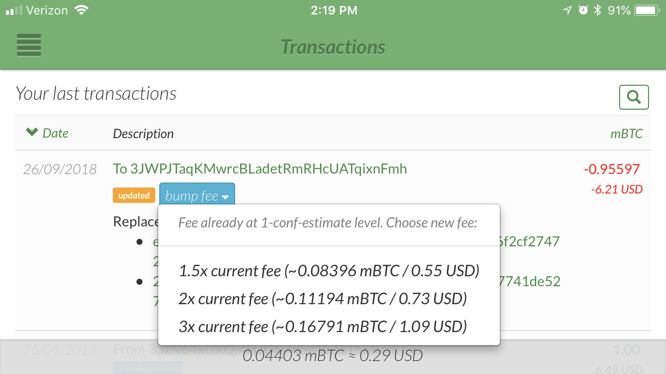 GreenAddress 钱包显示具有费用选项的提升费用下拉菜单的截图