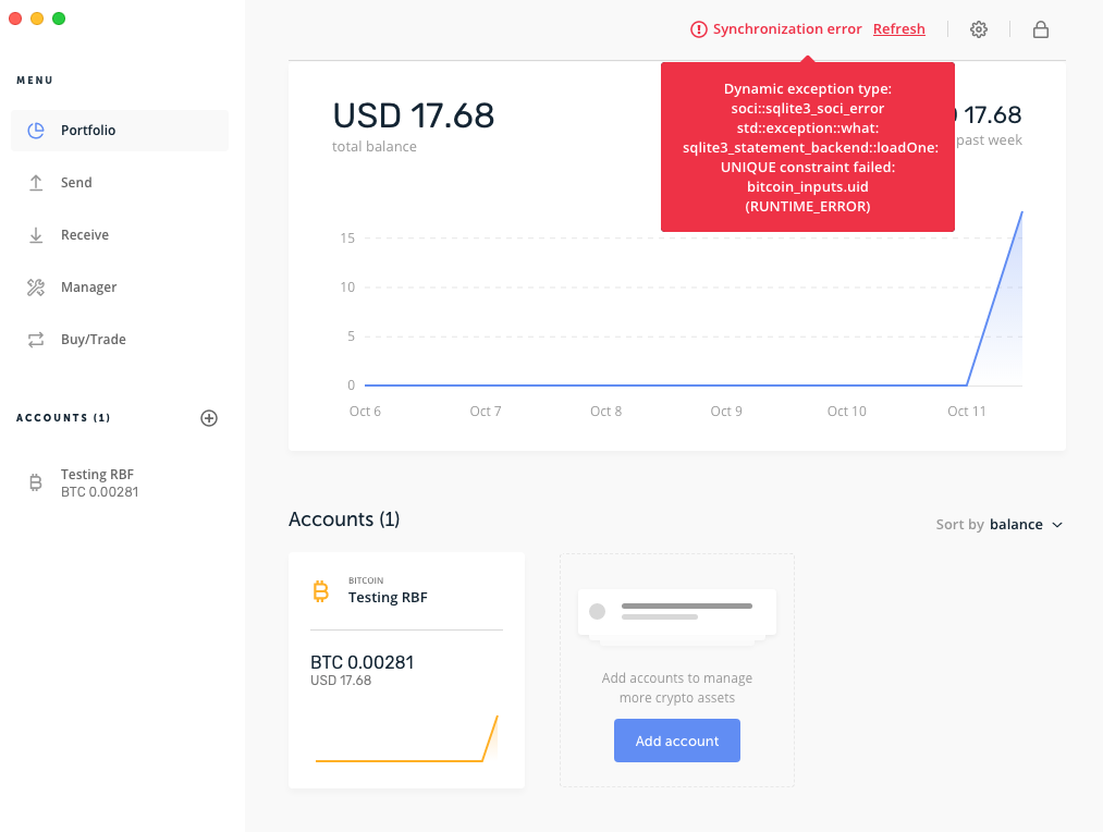 Ledger Live 的投资组合显示红色错误消息的截图