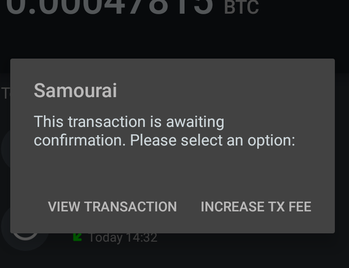 Samourai 钱包增加交易费用对话框的截图