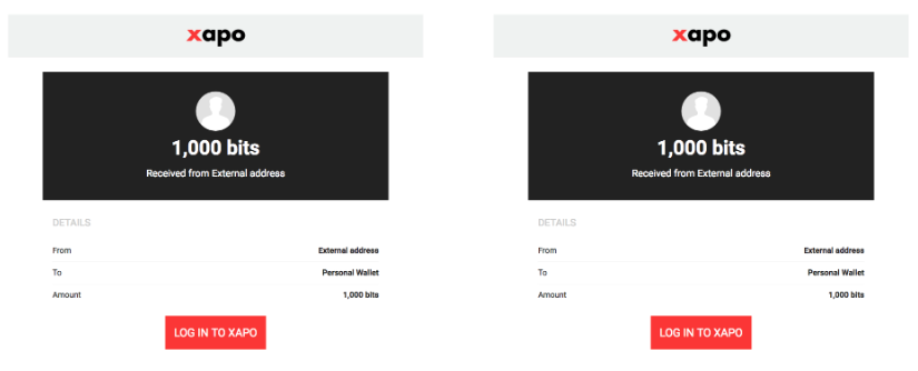 Xapo 电子邮件显示传入交易的截图